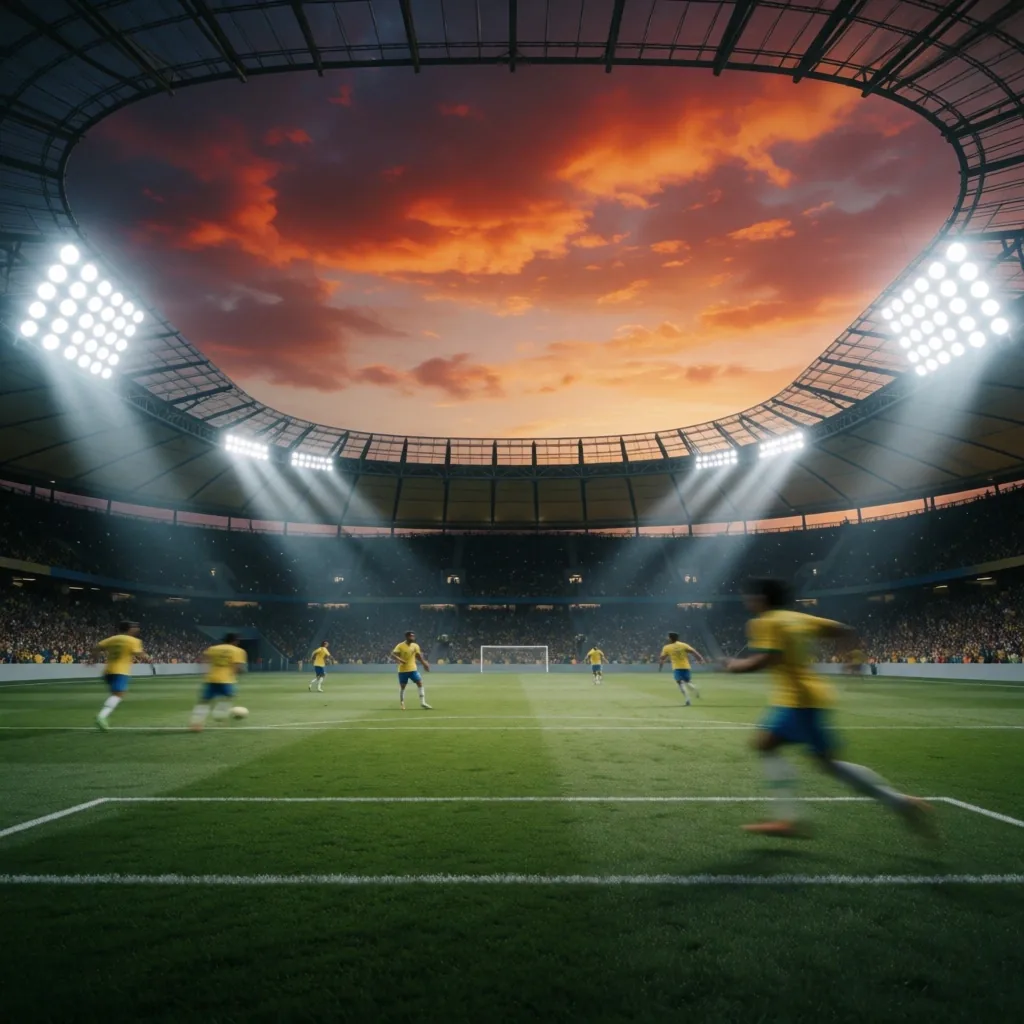 Estádio de futebol iluminado ao entardecer