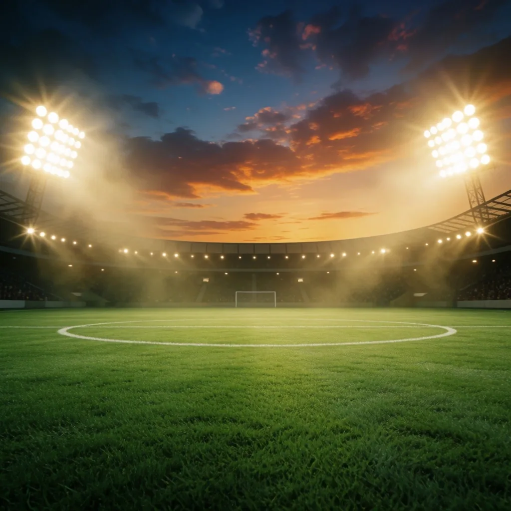 Estádio de futebol iluminado ao entardecer