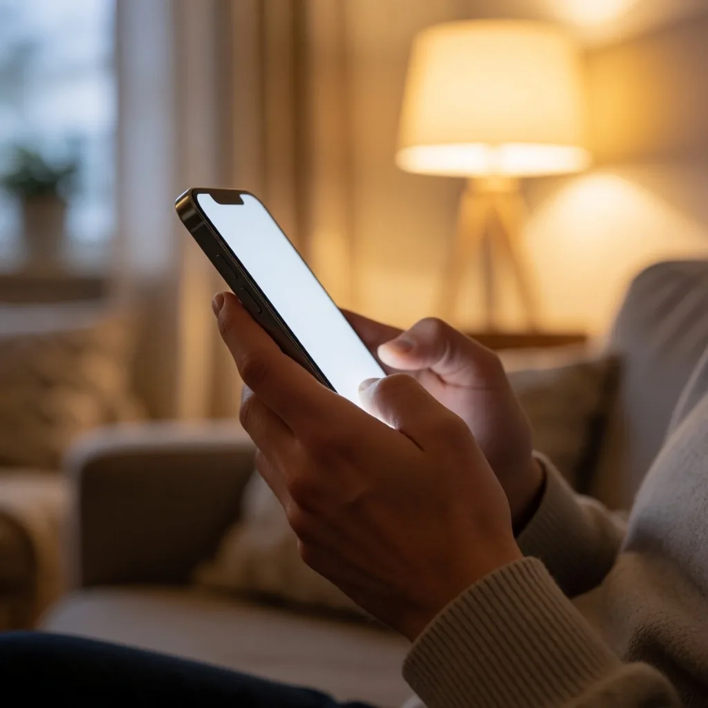 Pessoa segurando smartphone em ambiente iluminado por lâmpada