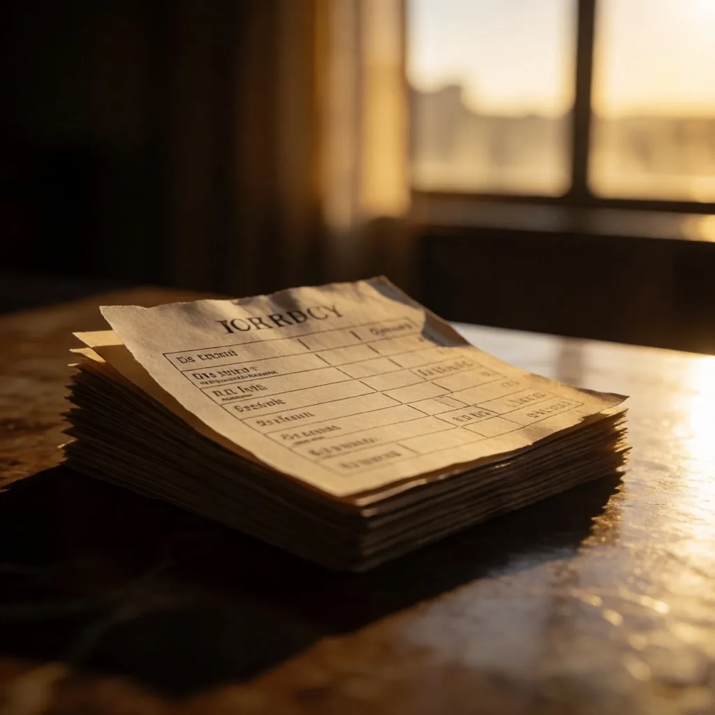 Superfície textual com papéis e bilhetes sob luz quente