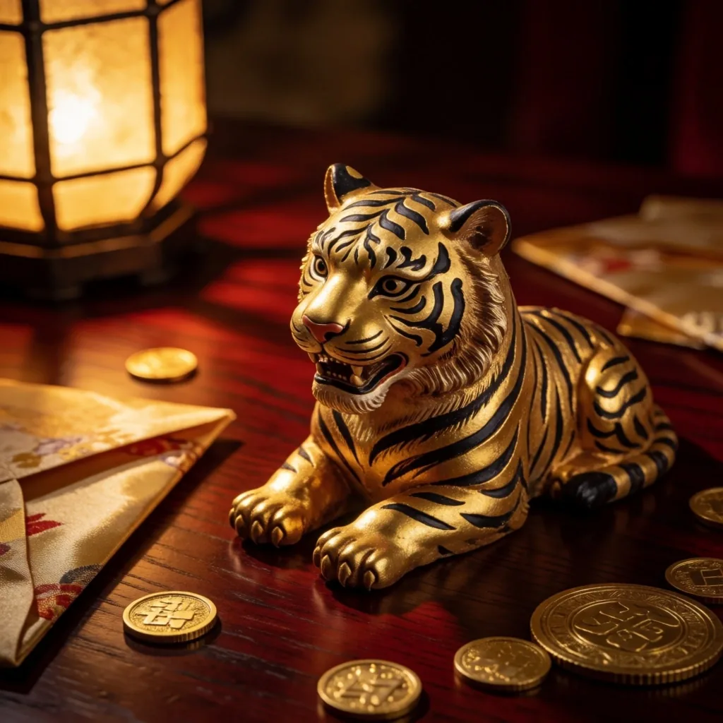 Estátua dourada de tigre iluminada por luz de lanterna