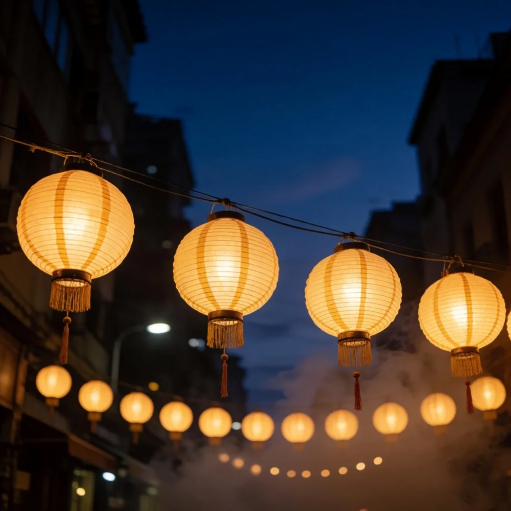 Lanternas iluminando uma rua ao entardecer
