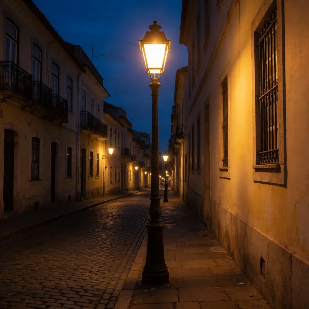 Luz de lampião em rua de São Paulo ao entardecer